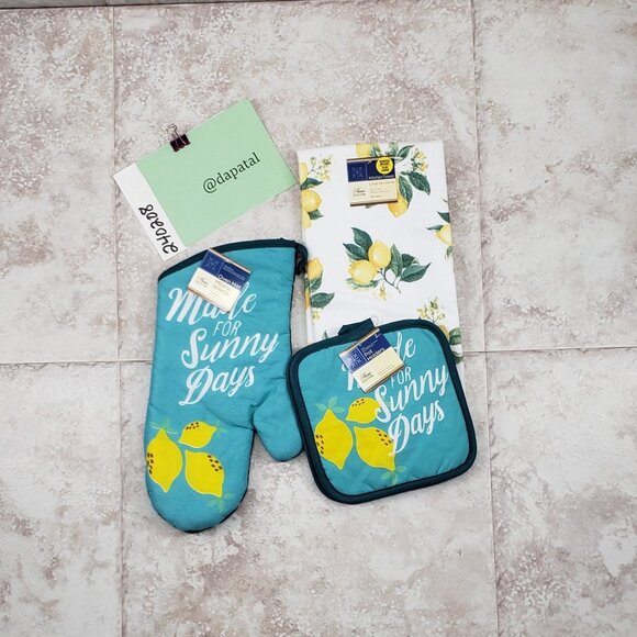 4 Pc Dish Towel Oven Mitt Pot Holders Set Home Collection Kitchen Lemon Print - Picture 6 of 6